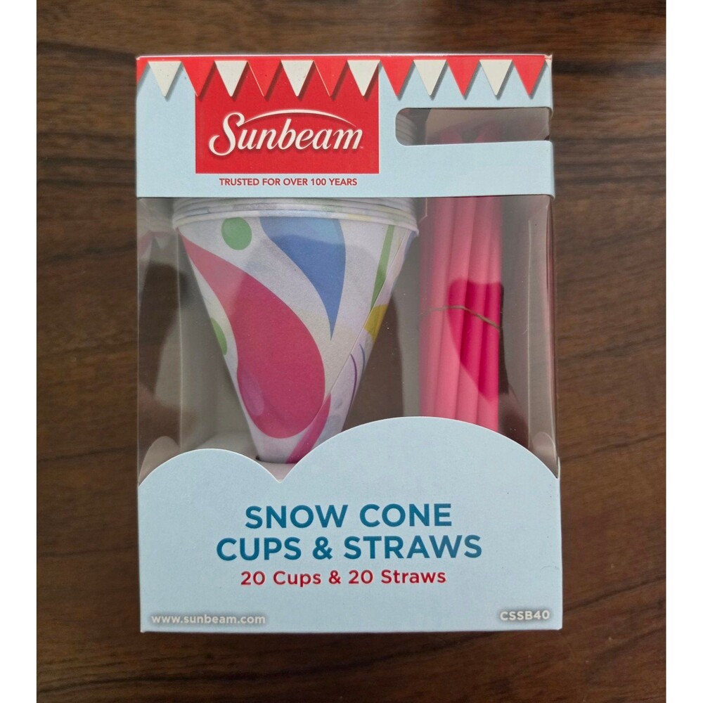 Sunbeam Snow Cone Cups & Straws 20 Cups 20 Straws CSSB40 New in Box